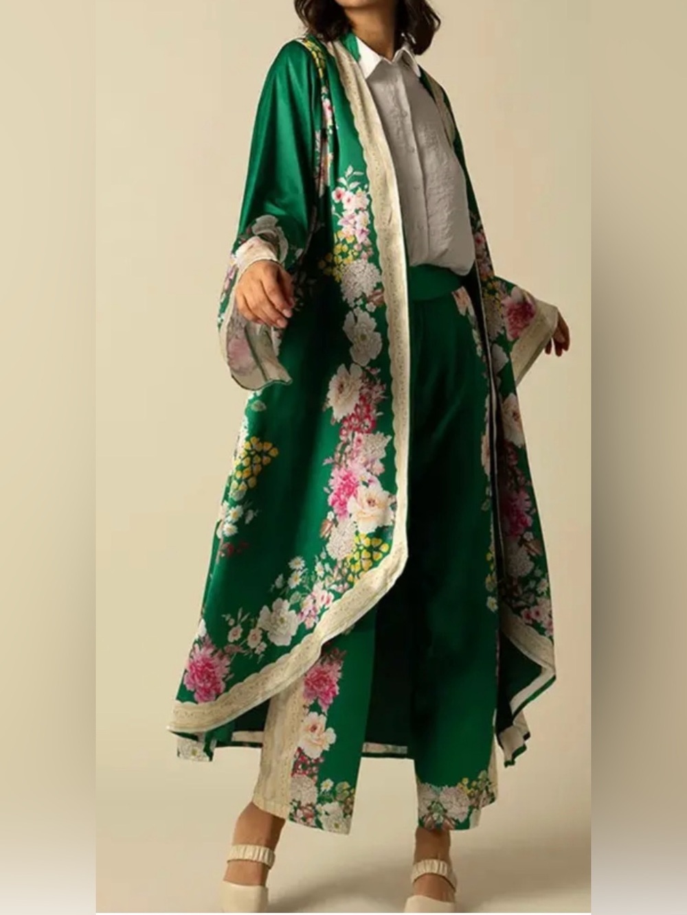 RAISHMA Studio Amora Green Satin Floral Kimono Set Brand New with Tags SZ 16 A3